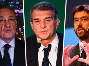 أندريا آنييلي وجوان لابورتا وفلورنتينو بيريز رؤوساء أندية يوفنتوس وبرشلونة وريال مدريد على التوالي