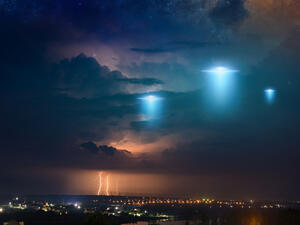extraterrestrial aliens spaceship fly above small town
