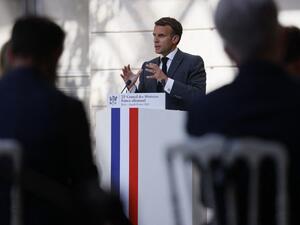 French President Emmanuel Macron speaks during a press conference upon the 22nd German-French Ministerial Council videoconference at the Elysee presidential palace in Paris, on May 31, 2021