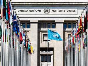 National flags at the entrance in UN office at Geneva, Switzerland