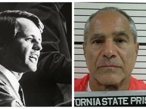 Robert Kennedy, left, speaks at a rally in 1960 while Sirhan Sirhan is pictured in a California Corrections Department image from October 2009. Photo: AFP