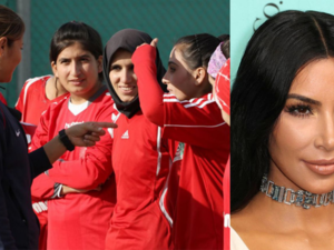 Kim Kardashian and members of the Afghan women's youth development football team