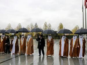 Officials of the United Arab Emirates (UAE) attend a ceremony held by Turkish President Recep Tayyip Erdogan in Kulliye in Ankara, on November 24, 2021. (Photo by Adem ALTAN / AFP) 13 agreements in various areas were signed between both countries