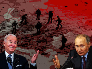 The US President Joe Biden Against Russian counterpart Putin. (Al-Bawaba/ Sally Shakkour) US president slammed Putin's recognition of Donetsk and Luhansk