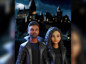 The couple's avatars against a Hogwarts-inspired background. (Photo Courtesy TardiVerse) Metaverse wedding