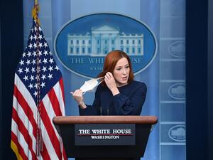Jen Psaki, said March 22, 2022, she has tested positive for Covid-19 but that the US President was negative. (Photo by Brendan SMIALOWSKI / AFP) Jen Psaki tests positive for COVID for the second time