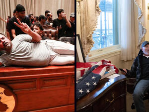 (L to R) Iraqi protesters inside the parliament (Twitter); American rioters inside the Capitol. (Saul Loeb/AFP/Getty Images ) US Capitol Riots vs. Iraqi Parliament Protest, Similar or Different?