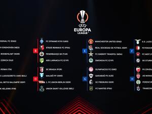 A photograph taken on August 26, 2022 shows the group draw for the UEFA Europa League football tournament group stage 2022-2023 in Istanbul. (Photo by OZAN KOSE / AFP)