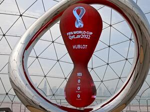 A partial view shows the Qatar 2022 FIFA World Cup countdown clock in Doha on August 10, 2022. (Photo by MUSTAFA ABUMUNES / AFP)