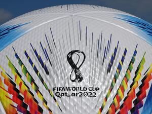 Picture taken on April 21, 2022 on the compound of the headquarters of German sports equipment maker Adidas in Herzogenaurach, southern Germany, shows a part of an oversized model of the official football of the Qatar held 2022 FIFA Football World Cup called "Al Rihla", meaning "The Journey". (Photo by Christof STACHE / AFP)