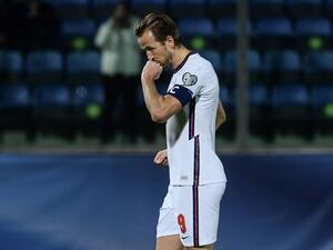 England's forward Harry Kane celebrates after scoring during the FIFA World Cup Qatar 2022 qualification Group I football match between San Marino and England on November 15, 2021 at Olympic stadium in Serravalle, San Marino. (Photo by Filippo MONTEFORTE / AFP)