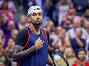 Australia's Nick Kyrgios celebrates his win against Russia's Daniil Medvedev in their 2022 US Open Tennis tournament men's singles Round of 16 match at the USTA Billie Jean King National Tennis Center in New York, on September 4, 2022. (Photo by COREY SIPKIN / AFP)