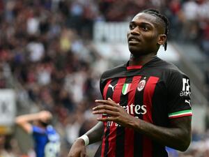 AC Milan's Portuguese forward Rafael Leao reacts after scoring during the Italian Serie A football match between AC Milan and Inter Milan at the San Siro stadium in Milan on September 3, 2022. (Photo by Miguel MEDINA / AFP)