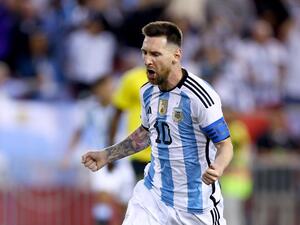Lionel Messi #10 of Argentina celebrates his goal in the second half against Jamaica at Red Bull Arena on September 27, 2022 in Harrison, New Jersey. Argentina defeated Jamaica 3-0. Elsa/Getty Images/AFP (Photo by ELSA / GETTY IMAGES NORTH AMERICA / Getty Images via AFP)