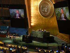 Ukraine’s Ambassador to the United Nations Sergiy Kyslytsya speaks during a United Nations (UN) general assembly meeting following the Russian security council veto at UN headquarters in New York City on October 10, 2022. (Photo by Andrea RENAULT / AFP) General Assembly