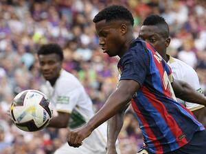 Barcelona's Spanish midfielder Ansu Fati prepares to shoot the ball during the Spanish League football match between FC Barcelona and Elche CF at the Camp Nou stadium in Barcelona on September 17, 2022. (Photo by Josep LAGO / AFP)