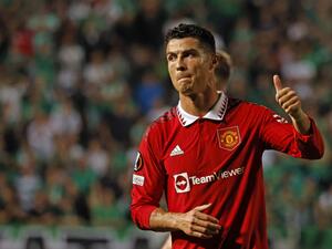 Manchester United's Portuguese striker Cristiano Ronaldo reacts at the end of the UEFA Europa League group E football match between Cyprus' Omonia Nicosia and England's Manchester United at GSP stadium in the capital Nicosia on October 6, 2022. (Photo by Khaled DESOUKI / AFP)