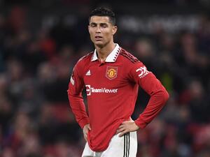 Manchester United's Portuguese striker Cristiano Ronaldo reacts during the UEFA Europa League Group E football match between Manchester United and Omonoia Nicosia, at Old Trafford stadium, in Manchester, north-west England, on October 13, 2022. (Photo by Oli SCARFF / AFP)