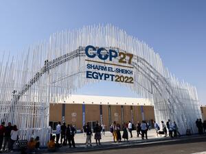 This picture shows the main entrance of the Sharm El Sheikh International Convention Centre where the COP27 climate summit will take place, in Egypt's Red Sea resort city of Sharm el-Sheikh, on November 5, 2022. (Photo by JOSEPH EID / AFP) Climate change in Sharm El Sheikh