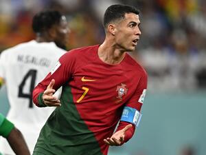 Portugal's forward #07 Cristiano Ronaldo reacts during the Qatar 2022 World Cup Group H football match between Portugal and Ghana at Stadium 974 in Doha on November 24, 2022. (Photo by MANAN VATSYAYANA / AFP)