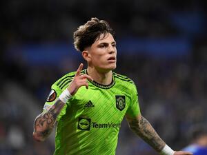 Manchester United's Argentinian midfielder Alejandro Garnacho celebrates scoring his team's first goal during the UEFA Europa League 1st round group E football match between Real Sociedad and Manchester United at the Anoeta stadium in San Sebastian, on November 3, 2022. (Photo by ANDER GILLENEA / AFP)