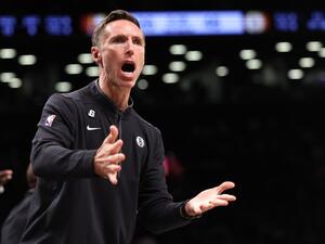 Brooklyn Nets head coach Steve Nash reacts to a call during the second quarter of the game against the Indiana Pacers at Barclays Center on October 31, 2022 in New York City. (Photo by Dustin Satloff / GETTY IMAGES NORTH AMERICA / Getty Images via AFP)