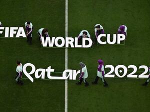 Fifa lettering is displayed at the presentation ahead of the Qatar 2022 World Cup Group H football match between South Korea and Ghana at the Education City Stadium in Al-Rayyan, west of Doha, on November 28, 2022. (Photo by Kirill KUDRYAVTSEV / AFP)