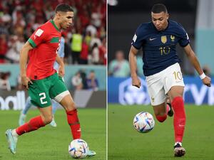 Morocco's defender #02 Achraf Hakimi (L) on December 6, 2022 and France's forward #10 Kylian Mbappe, in Doha on November 26, 2022. France will play Morocco in the Qatar 2022 World Cup football semi-final match in Doha on December 14, 2022. (Photo by Jack GUEZ and Franck FIFE / AFP)