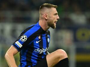 Inter Milan's Slovakian defender Milan Skriniar controls the ball during the UEFA Champions League Group C football match between Inter Milan and Viktoria Plzen at the Giuseppe-Meazza (San Siro) stadium in Milan, on October 26, 2022. (Photo by MIGUEL MEDINA / AFP)
