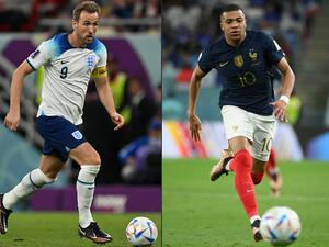 England's forward #09 Harry Kane and France's forward #10 Kylian Mbappe. England take on France on December 10, 2022 in the last of the World Cup quarter-finals. (Photo by ANDREJ ISAKOVIC and FRANCK FIFE / AFP)