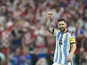 Argentina's forward #10 Lionel Messi celebrates scoring his team's first goal from the penalty spot during the Qatar 2022 World Cup football semi-final match between Argentina and Croatia at Lusail Stadium in Lusail, north of Doha on December 13, 2022. (Photo by JUAN MABROMATA / AFP)