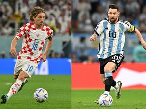 combination picture made on December 11, 2022 during the Qatar 2022 World Cup football tournament shows Croatia's midfielder Luka Modric (L) in Doha on December 9, 2022 and Argentina's forward Lionel Messi in Doha on December 3, 2022. Argentina will play Croatia in the Qatar 2022 World Cup football semi-final match in Doha on December 13, 2022. (Photo by Nelson ALMEIDA and Alfredo ESTRELLA / AFP)