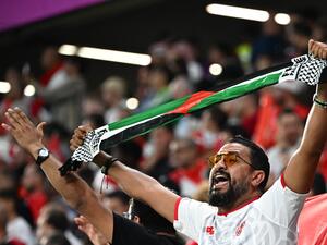 A fan holds up a 'Free Palestine' scarf in the crowd after the Qatar 2022 World Cup Group D football match between Denmark and Tunisia at the Education City Stadium in Al-Rayyan, west of Doha on November 22, 2022. (Photo by Anne-Christine POUJOULAT / AFP)