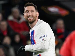 Paris Saint-Germain's Argentine forward Lionel Messi reacts during the French L1 football match between Stade Rennais FC and Paris Saint-Germain (PSG) at the Roazhon Park stadium in Rennes, western France, on January 15, 2023. (Photo by LOIC VENANCE / AFP)