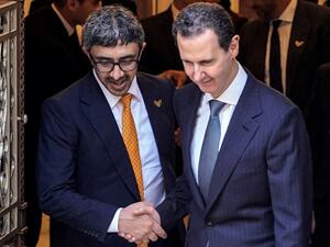 A handout picture released by the official Syrian Arab News Agency (SANA) shows (R to L) Syria's President Bashar al-Assad meeting with the UAE's Foreign Minister Sheikh Abdullah bin Zayed al-Nahyan in the capital Damascus on January 4, 2023. (Photo by SANA / AFP) $50 million