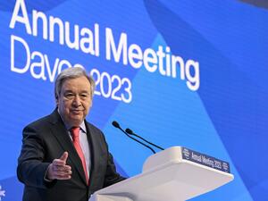 UN Secretary-General Antonio Guterres addresses a session of the World Economic Forum (WEF) annual meeting in Davos on January 18, 2023. (Photo by Fabrice COFFRINI / AFP) Antonio Guterres