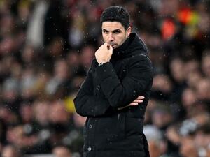 Arsenal's Spanish manager Mikel Arteta reacts during the UEFA Europa League round of 16, second-leg football match between Arsenal and Sporting Lisbon at the Emirates Stadium in London on March 16, 2023. (Photo by Glyn KIRK / AFP)