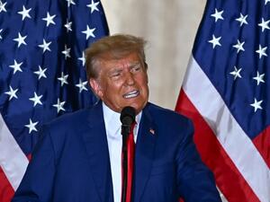 Former U.S. president Donald Trump speaks during a press conference following his court appearance over an alleged 'hush-money' payment, at his Mar-a-Lago estate in Palm Beach, Florida, on April 4, 2023. (Photo by CHANDAN KHANNA / AFP) Donald Trump