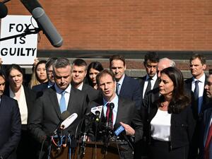 Justin Nelson, joined by fellow members of the Dominion Voting Systems legal team, speaks to members of the media outside the Leonard Williams Justice Center in Wilmington, Delaware, on April 18, 2023. Vote machine maker Dominion and Fox News settled a defamation case over falsehoods about the 2020 presidential election aired on the conservative TV network, a US judge announced Tuesday. (Photo by ANDREW CABALLERO-REYNOLDS / AFP)
