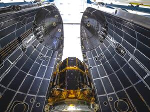 This undated handout photo released by Japanese firm ispace on April 25, 2023 shows the Hakuto-R Mission 1 lander stored in the fairing of SpaceX's Falcon 9 rocket at an unknown location. Japanese space start-up ispace will attempt on April 25, 2023 to become the first private company to put a lander on the Moon. (Photo by Handout / ispace / AFP)