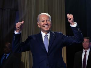 US President Joe Biden acknowledges the crowd during an event on the creation of new manufacturing jobs at the Washington Hilton in Washington, DC, April 25, 2023. Biden announced Tuesday his bid "to finish the job" with re-election in 2024. (Photo by Jim WATSON / AFP)