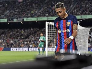 Barcelona's Brazilian forward Raphinha reacts to a missed chance during the Spanish league football match between FC Barcelona and Girona FC at the Camp Nou stadium in Barcelona on April 10, 2023. (Photo by Pau BARRENA / AFP)