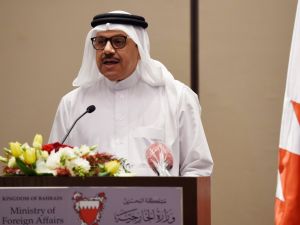 Bahrain Foreign Minister Abdullatif bin Rashid Al-Zayani speaks during a press conference with the US Special Representative for Iran and Senior Adviser to the US Secretary of State, in the Bahraini capital Manama on June 29, 2020. / AFP / Mazen Mahdi diplomatic ties