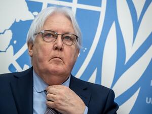 UN Emergency Relief Coordinator Martin Griffiths gestures during a press conference ahead of a donor conference for the humanitarian crisis in Yemen in Geneva on February 27, 2023. (Photo by Fabrice COFFRINI / AFP) Martin Griffiths