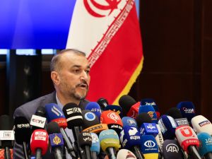 Iran's Foreign Minister Hossein Amir-Abdollahian holds a press conference at his country's embassy in Beirut, on April 28, 2023. Abdollahian called on Lebanon on April 27 to overcome political deadlock and elect a president, urging foreign governments not to interfere in the choice. (Photo by JOSEPH EID / AFP) Iraqi ambassador