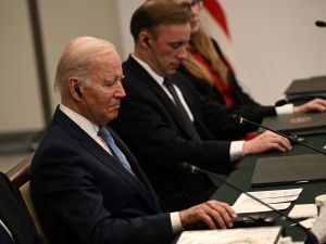 U.S. President Joe Biden attends a meeting with Japan's Prime Minister Fumio Kishida (not pictured) in Hiroshima on May 18, 2023, ahead of the G7 Leaders' Summit. (Photo by Brendan SMIALOWSKI / AFP) Hiroshima summit, G7 Summit