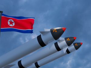 North Korean flag and missiles