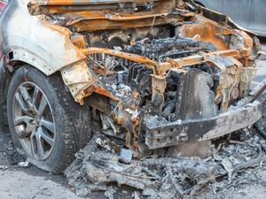 Abandoned burnt-out car after the explosion, ready for scrapping. The burnt-out interior of the car, a close-up of the fire, extinguishing the fire. A burnt-out car, due to a short circuit, arson. Shutterstock image. Car blast at police station rattles Syrian capital