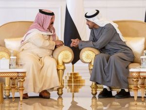 This handout image provided by the UAE Ministry Of Presidential Affairs on June 17, 2023 shows UAE President Sheikh Mohamed bin Zayed al-Nahyan (L) meeting Bahrain’s King Hamad bin Isa al-Khalifa in Abu Dhabi's Ghantoot area. (Photo by Abdulla AL-NEYADI / UAE's Ministry of Presidential Affairs / AFP) The King of Bahrain, Hamad bin Isa Al Khalifa