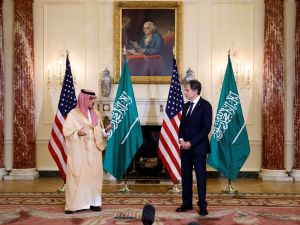 US Secretary of State Antony Blinken and Saudi Arabia's Foreign Minister Prince Faisal bin Farhan deliver remarks to reporters before meeting at the State Department in Washington, DC, October 14, 2021. (Photo by JONATHAN ERNST / POOL / AFP) Diplomats
